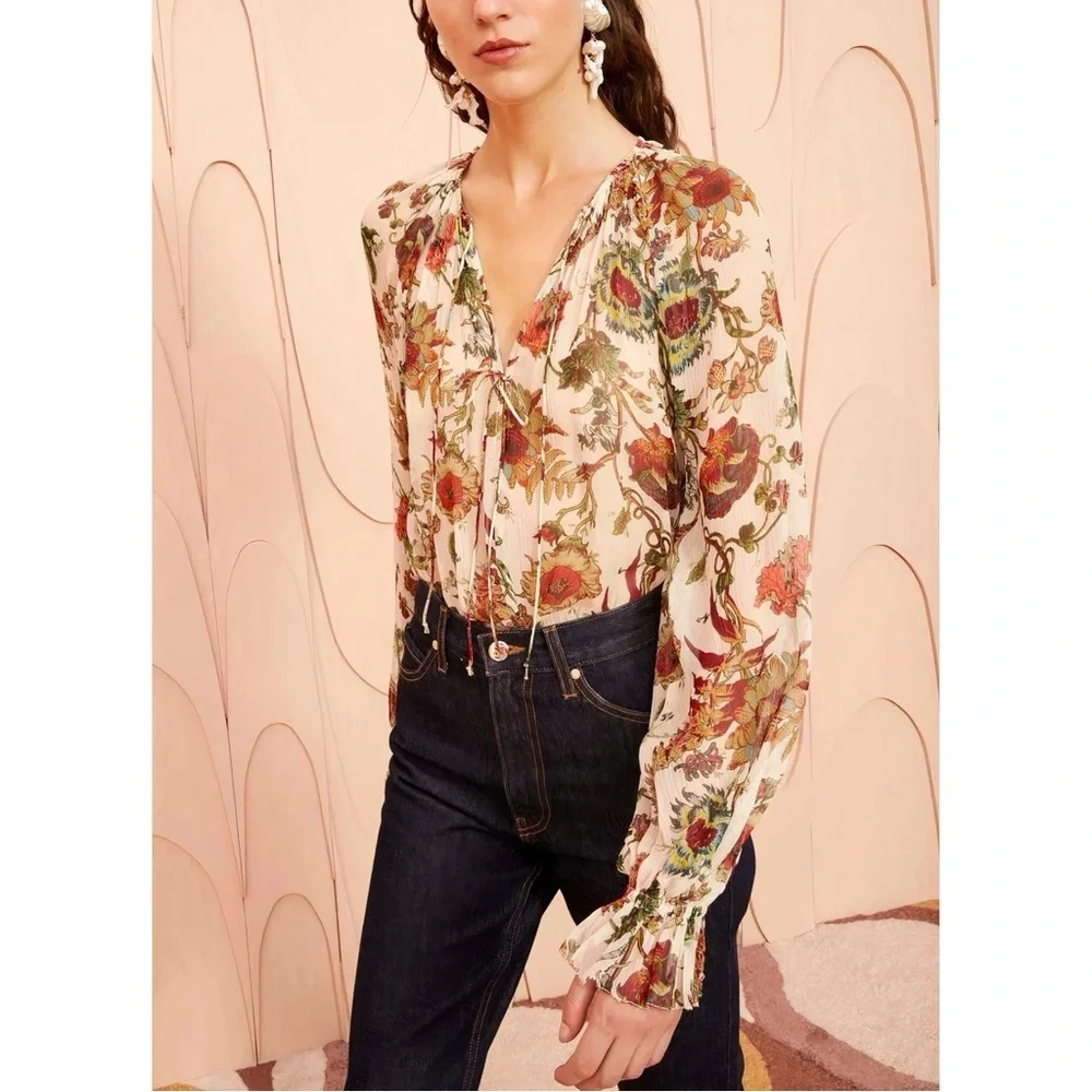 NWT Ulla Johnson Silk Long-Sleeve Floral Bernadette Blouse